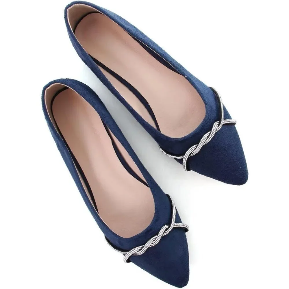 Women's Blue Casual Flats Fashion Chain Pointed Toe Ballet Flat Rhinestone